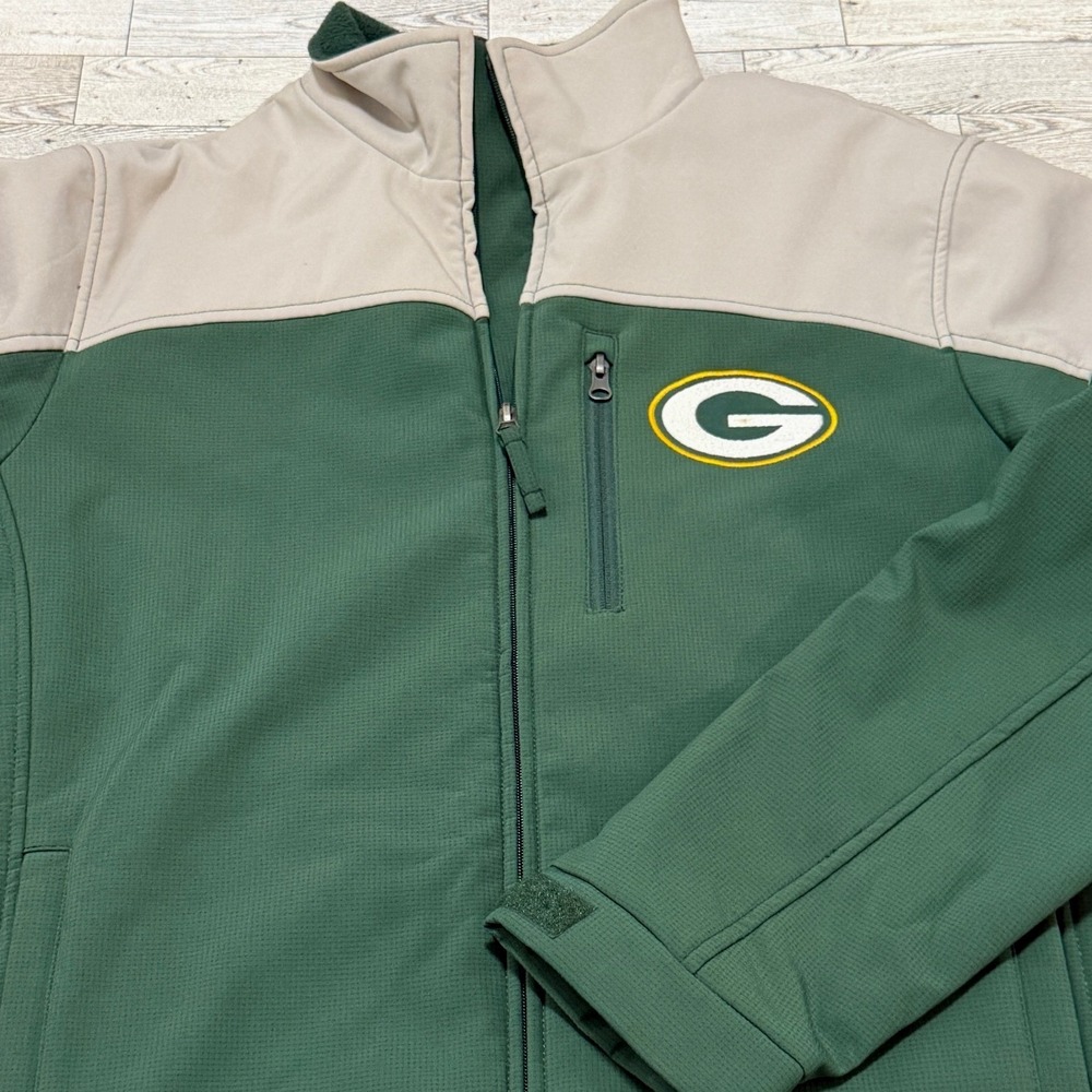 NFL Green Bay Packers Mens Softshell Jacket Green Tan Full Zip Medium